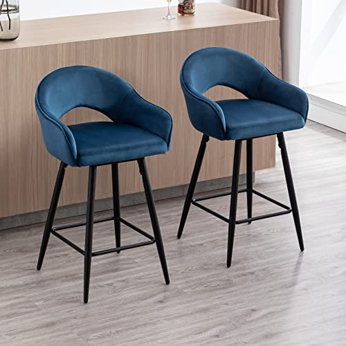 Wahson Samt Barhocker 2er Set 360°drehbar Barstuhl Bistrohocker mit Rückenlehne, gepolsterte Küchenhocker Thekenhocker mit Metallbeine für Kücheninsel/Hausbar, Blau
