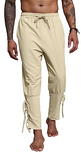 YAOBAOLE Hose Medieval Herren Leinenhose Wikinger Renaissance Pirat Elastische Taille für Halloween, kaki, XXL
