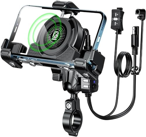 Kewig Motorcycle Phone Mount with Qi 15W Wireless Charger & USB C 36W Fast Charging Port, No Block Camera, Anti-Theft Phone Holder Handblebar with Vibration Dampener Fit for 5.4-7.2 Phones