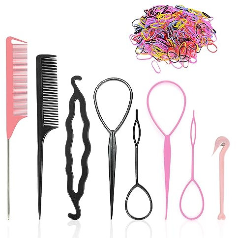 2 Sets of Hair Braiding Tools with 500pcs Small Rubber Rings, Tail Hair Pulling Tool, Hairstyle Braiding Kit, Braid Accessories, Hair Curling Iron, Suitable for Women Girls (Pink, Black)
