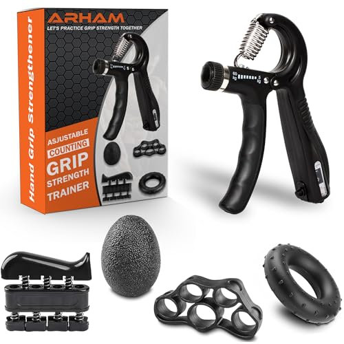 ARHAM Hand Grip Strengthener Forearm Strengthener (5 Pack) Workout Kit Adjustable Hand Gripper With Counter Finger Exercise Finger Stretcher Grip Ring & Stress Relief Grip Ball For Recovery & Athletes