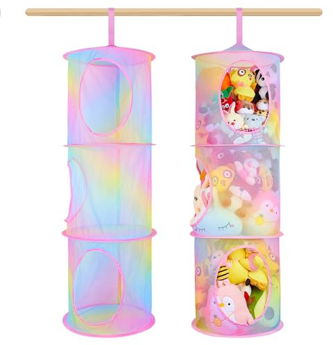 MHJY Toy Storage Suffed Animals Hammock 2 Pcs Hanging Mesh Net Foldable Large Soft Cuddly Plush Toy Organizer Unit Clothes Baskets Shelves for Kids Bedroom, 3 Tiers