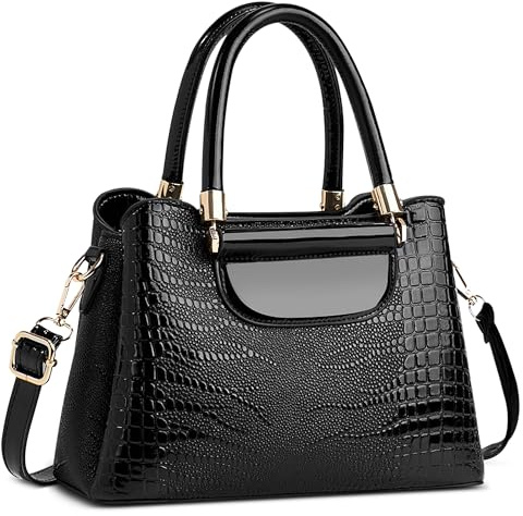 FOLOVEYA Damen Handtasche Mode Krokodilmuster Frauen Henkeltaschen Umhängetasche Elegant Tote Taschen Klein Shopper Schultertasche PU Leder für Arbeiten Reisen Dating mit Viele Taschen Schwarz