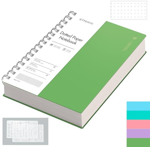 EMSHOI Notebook A5 Bullet Dotted Journal, 300 Pages/150 Sheets, 100gsm Dot Grid Paper, Waterproof Hardcover, Spiral Wirebound Notepad for Women Men Office School Work Writing, 14.5 x 21cm, Green