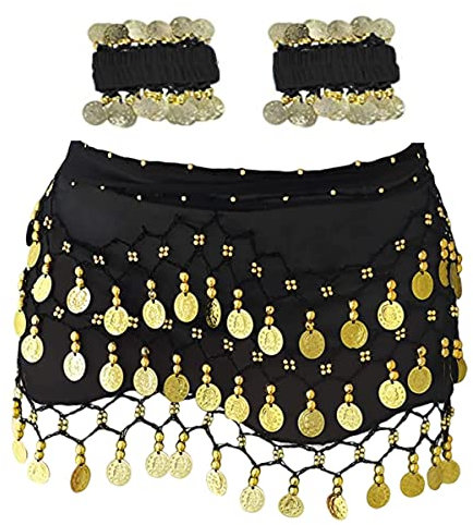 Morices Belly Dance Hip Scarf with Bracelets, Chiffon Scarf Wrap Belt Sash Skirt with Gold Coins for Performance Costume Yoga Class
