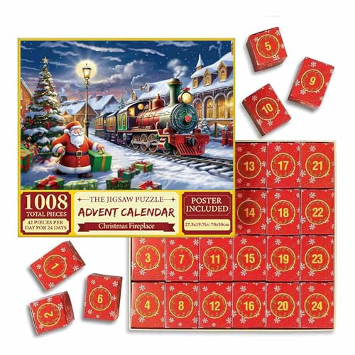 Adventskalender 2023 Weihnachtspuzzle, 1008 Teile, 24 Tage Überraschungs-Countdown-Kalender für Erwachsene und Kinder, Familien, tolles Geschenk für Weihnachten, Party, Geschenk