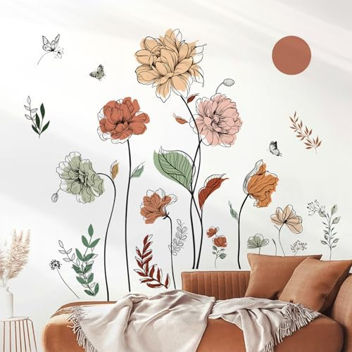 decalmile Adesivi Murali Giardino Fiori Boho Adesivi da Parete Fiore Grandi Pianta Colorati Decorazione Murale Camera da Letto Soggiorno Ufficio