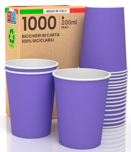 1000 Bicchieri in Carta 200ml Ecologici Biodegradabili Monouso Made in Italy Asporto Bevande Calde Acqua Colorati VIOLA - Prodotto e Confezionato in Italia