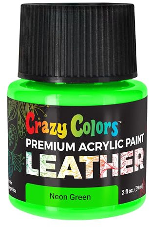 Crazy Colors Neon Green Premium Acrylic Leather and Shoe Paint, 2 oz Bottle - Flexible, Crack, Scratch, Peel Resistant - Artist Create Custom Sneakers, Jackets, Bags, Purses, Furniture Artwork