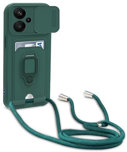yanasuo Protección de Cámara Funda Compatible con Xiaomi Redmi Note 13 Pro Plus 5G/Pro+ 5G (6.67), con Anillo Soporte, Ajustable Collar Correa de Cuello Cordón Carcasa de Silicona-Verde Oscuro