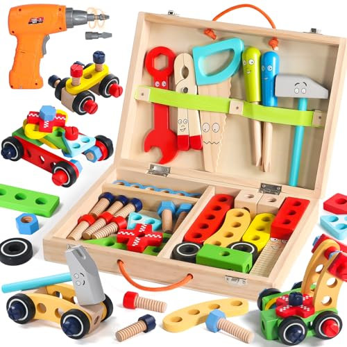 Juguetes Niños 3 Años Caja Herramientas - Juego Educativo con Tornillo Eléctrico y Delantal Infantil, Juguetes Montessori Educativos Regalos Niños Niñas 3 4 5 6 Años Juegos de Construcción