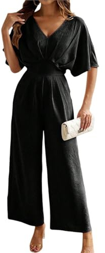 Jumpsuit Damen Lang Festlich Hochzeit Elegant Sommer Jumpsuits V-Ausschnitt Kurzarm Weites Bein Overall Romper Mit Taschen