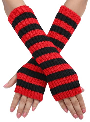 Blausky 1 Paar Damen Dehnbare Häkelhandschuh,Lang Fingerlos Gestrickte Armstulpen Wärmer Gestreift Strickhandschuhe Winter Handschuhe Strick Gloves Handwärmer Stulpen 30x7cm,Schwarz-Weiß