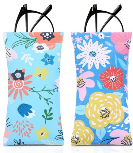 MBAIYO 2 Stück Brillenetui Weich, Tragbare Sonnenbrillen Etui PU Leder Brillentasche Bunte Blumen Brillenhülle Wasserdichte Brillen Schutzhülle Lesebrillenetui für Damen Mädchen(weiß+rosa)