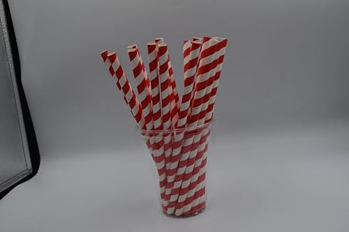 250 x Compostable Smoothiee Straws - 8mm Wide x 200mm Long Paper Straws | Biodegradable Red & White Strip Disposable Straw for Smoothies, Milkshakes, Slushies - Eco-Friendly