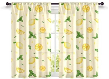 Highdi Lot de 2 Rideaux Cuisine, Impression 3D Courts Rideau Cuisine Rideau sous Evier, Petites Fenêtres Voilage Fenetre avec œillets pour Bistrot Salon Maison de Campagne (Citron,W80xL100cm)