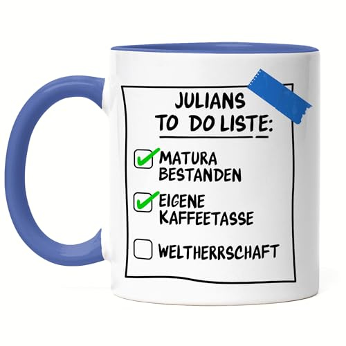 Matura Tasse Personalisiert | Matura Geschenk To Do Liste Lustig Spruch | Schulabschluss Geschenke Mädchen Jungen zur bestandenen Reifeprüfung Maturanten Österreich - Tasse Blau