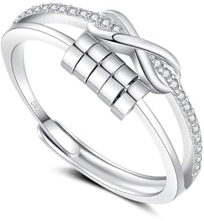 Estrellique 925 Sterling Silver Anti-Stress-ring, Silver 925 Anxiety Rings, Spinner Fidget Ring with Cubic Zircon, Open Adjustable Anxiety Ring for Anxious People, Unisex Decompression Rings with Bead