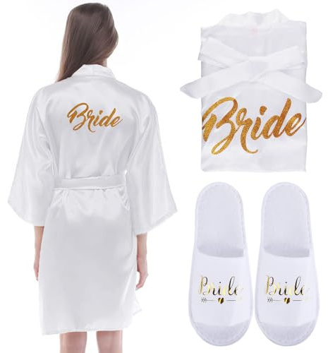 Bride Morgenmantel Damen Bademantel Satin Bride To Be Braut/Brautjungfern Bademantel Kimono Braut Hochzeit Pantoffeln mit Braut Kosmetiktasche für Brautjungfer Hochzeit Party Pool Pajama Party