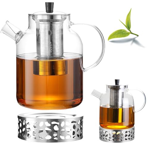 1800 ml Teekanne mit Teesieb, Teekanne aus Glas mit abnehmbarem Sieb und Stövchen, transparent, Teekanne aus Glas mit Sieb für losen Tee, duftender Früchtetee