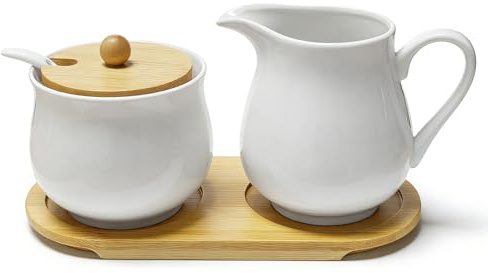 Yunlaishaocer Ensemble de lait et de sucre en céramique avec couvercle, pot à lait et sucrier sur plateau en bois – Service à café élégant, passe au micro-ondes et au lave-vaisselle (blanc)