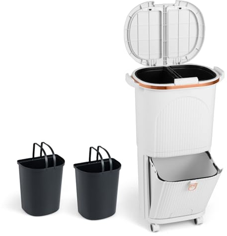 COSTWAY Poubelle Cuisine Double Compartiments en Plastique 38L, Poubelle Tri Selectif a Roulettes, 2 Couvercles, Seaux Amovibles 2 x 12L, Panier a Pédale 14L avec Poignée(Blanc 2 couvercles,38L)