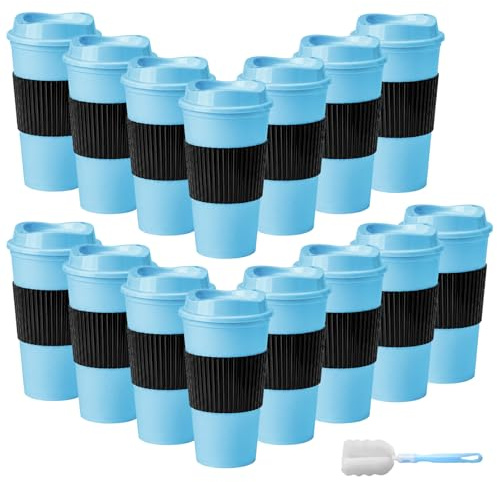 15Pcs Reusable Coffee Cups with Lids - 16 oz Plastic Tumblers to Go Ice Coffee Cups Bulk Plastic Travel Mugs for Slushie and Cold Drinks Smoothie, Home, Car, Beach, Camping & Party - Light Blue