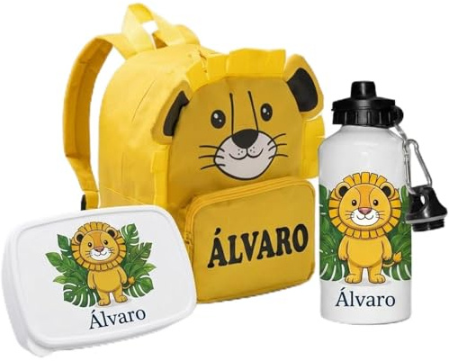 TOCAREGALAR Pack Infantil Personalizado con Mochila León, Botella 500 ml y Fiambrera, Diseño Safari