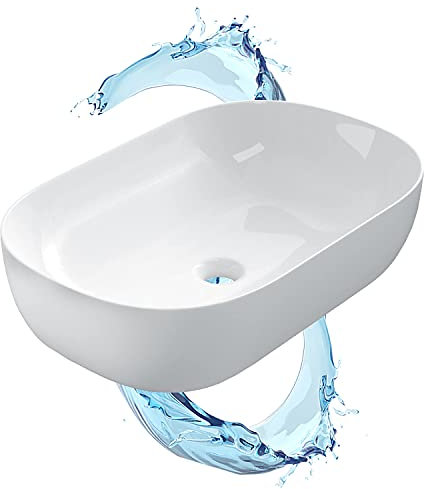 Starbath Plus - Lavabo Blanco de Cerámica - Con Forma Ovalada - Medidas 61 x 40 x 15 cm - Ideal para Poner sobre Encimera de Muebles de Baños y Aseos
