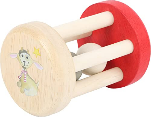 small foot baby 10652 TÜV zertifizierte Babyrassel aus recyceltem Holz mit süßem Ziegenbock-Motiv und Perlen im Inneren, durch die Holzstäbe leicht zu halten, farb-und speichelfest, Mehrfarbig