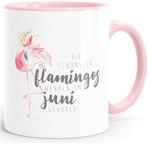 MoonWorks Geburtstags-Tasse Flamingo Krone die schönsten Flamingos werden im Juni geboren Geschenk-Tasse farbiger Henkel Rosa unisize