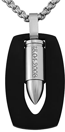 Hanessa Personalisierte Kette mit Gravur Edelstahl 50 cm mit Anhänger Pistolen Kugel Patrone in silber schwarz - Personalisierte Halskette für Männer Frauen - Personalisierter Schmuck Damen Herren