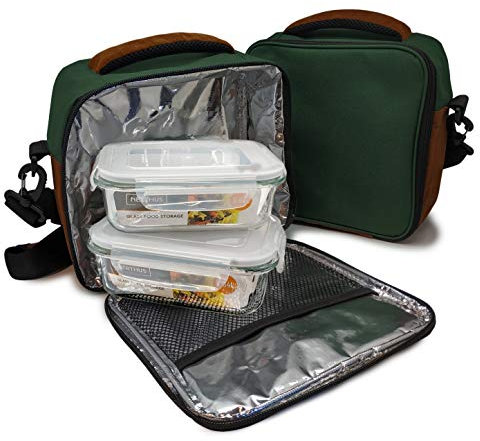 NERTHUS Lunch Bag Verde + Herméticos, Tela Resistente, 2 Tuppers Cristal, Con 2 Tuppers Cristal