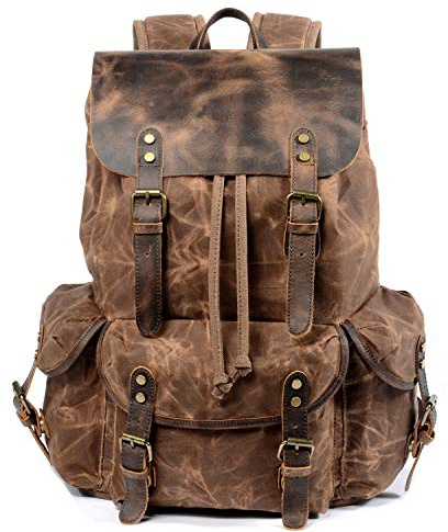WUDON Leather Backpack for Men, Waxed Canvas Shoulder Rucksack for Travel