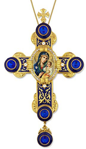 Needzo Jungfrau Maria Jesus Christus Ewige Blüte Russische Ikone Byzantinischer Stil Wand Kreuz Anhänger Perlen 22,9 cm, Blau
