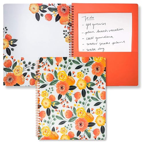 Steel Mill & Co Cute Large Spiral Notebook College Ruled, 11 x 9.5 with Durable Hardcover and 160 Lined Pages, Orange Floral