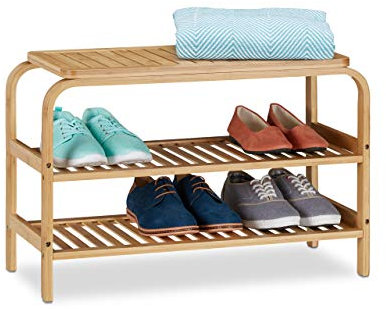 Relaxdays Schuhbank Bambus, 6 Paar Schuhe, Sitzbank Flur, Bad, 2 Ablagen, Garderobenbank HxBxT: 45 x 70 x 30 cm, natur