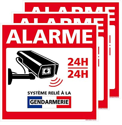 Panneau dissuasif Alarme “Système relié à la Gendarmerie”. Panneau en Aluminium à Fixer. Plaque en Aluminium Rigide. Panneau d’Alarme 24h/24h.