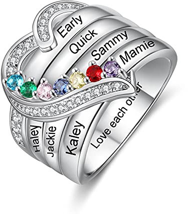 Glooraca Personalisierte Geburtssteine ​​Ring Damenringe mit 1-8 simulierten Geburtssteinen mit Namen 925 Sterling Silber Herz graviert Verlobungsversprechen Ehering Geschenk für Frauen