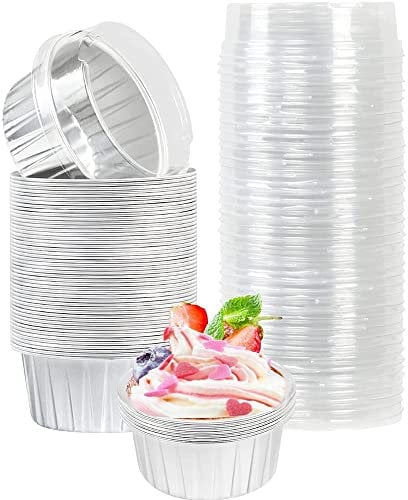 Lot de 50 moules à muffins jetables avec couvercles en aluminium pour crème brûlée Argenté 125 ml