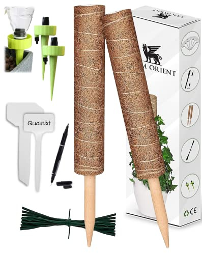 R&M ORIENT 2X Natur Kokos Pflanzenstab Rankstab Rankhilfe Zimmerpflanzen Monstera Pflanze Moosstab, Pflanzenunterstützung mit Marker, 40x Pflanzenbindern 2X Bewässerungssystem (2 Stück - 41 cm)