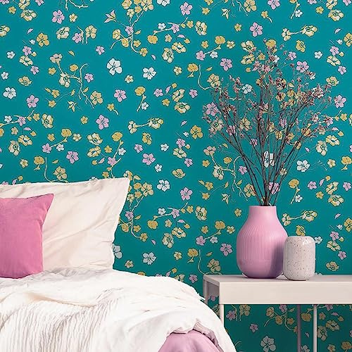 Livingwalls House of Turnowsky 389072 Wallpaper Floral Turquoise Yellow Non-Woven Wallpaper 10.05 m x 0.53 m Made in Germany