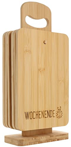Spruchreif | 6er-Set Frühstücksbrettchen aus Bambus mit Ständer | Brettchenständer Holz mit Frühstücksbrettchen | Schneidebrett-Set „Wochentage - Kinder“ | Lustiges Küchenaccessoire