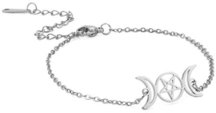 EUEAVAN Dreifach Mond Göttin Pentagramm Stern Armband Amulett Pentagramm Religion Armreif Edelstahl Schmuck Symbol Witchcraft Geschenke für Frauen Mädchen (Silber)