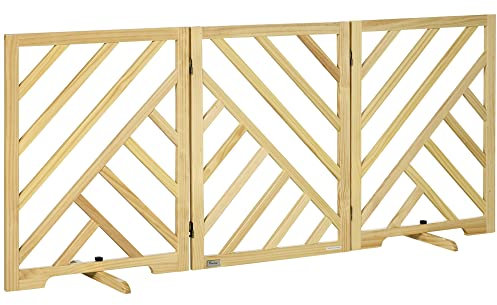 PawHut Barrera de Seguridad Plegable para Perros Rejilla de Madera para Escaleras y Puertas de 3 Paneles con Base Antideslizante y Patas 181x35x76 cm Natural