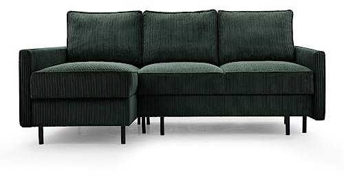 BETTSO -Ecksofa mit Schlaffunktion und Bettkasten - Scandinavian Design Couch, Sofagarnitur, Couchgarnitur, Polsterecke,Cord Stoff (220x110x137cm)-Emma (Grün (Lincoln 39), Links)