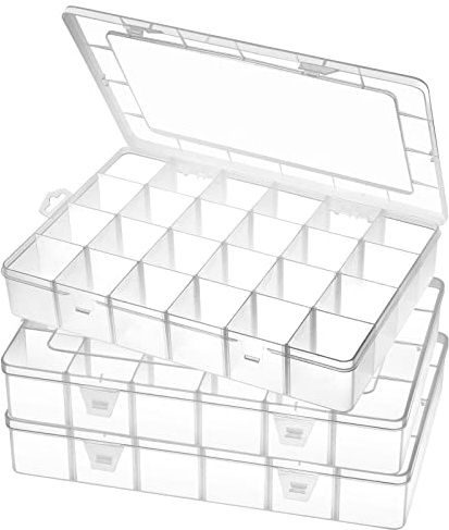 Gbivbe 3PCS 24 Grids Extra Large Plastic Craft Storage Box, Plastic Organizer Container Bead Storage Box with 24 Removable Grids Compartments for Earring Jewelry Seed and Small Parts