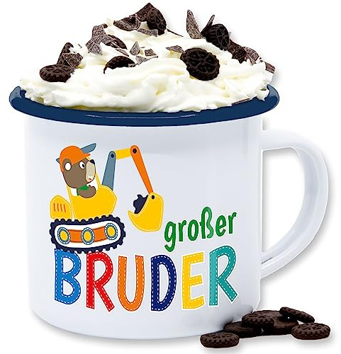 Emaille Tasse Blechtasse - Tassen - Großer Bruder Bagger I Grosser Bruder Geschenk - 300 ml - Weiß Blau - big brother bro kaffeetasse große brüder brüderchen becher
