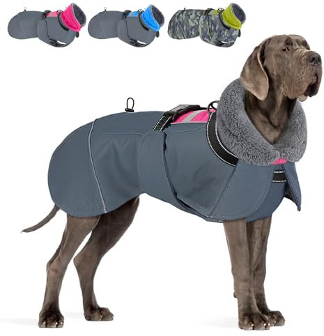 SlowTon Hundemantel Winter, wasserdichte verstellbare Fleecefutter Hundejacke mit Turtleneck und Kordelzug, reflektierender Wintermantel für kleine mittlere und große Hunde im Freien(Fuchsie, XXL)