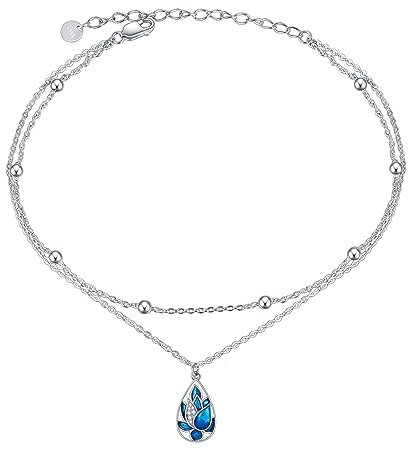POPLYKE Blaue Emaille Lotus Fußkettchen für Damen - Sterling Silber Knöchel Armband Mit Doppelschichtiger Kette - Schmuck Geschenke für Sie